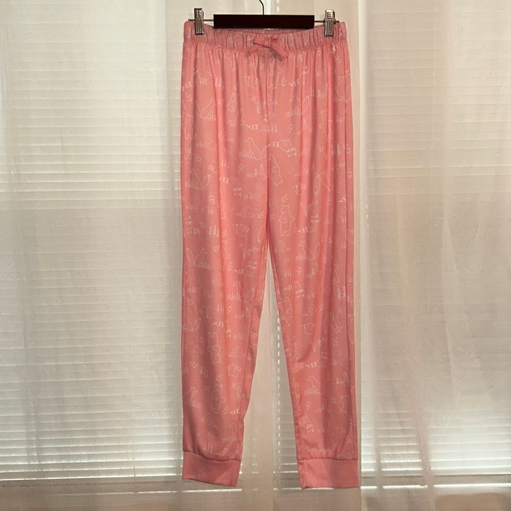 Eddie Bauer 14/16 L Kids Forest Animals Pink White Pajama Jogger Pants Bottom